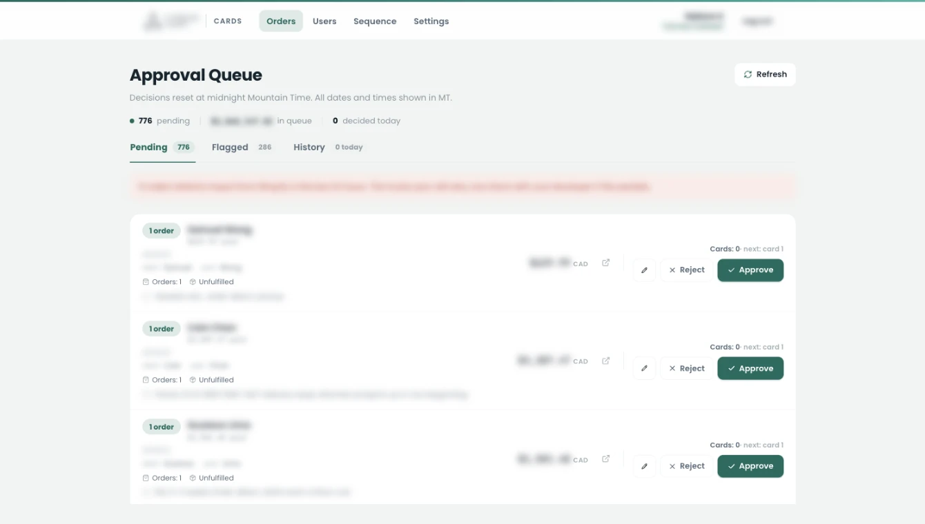 Cards approval queue with pending orders and approve and reject buttons, customer details blurred