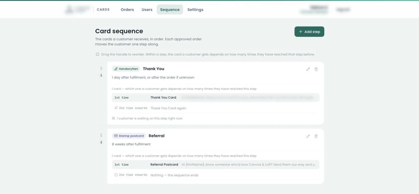 Card sequence editor with two steps, a handwritten thank-you and a referral postcard