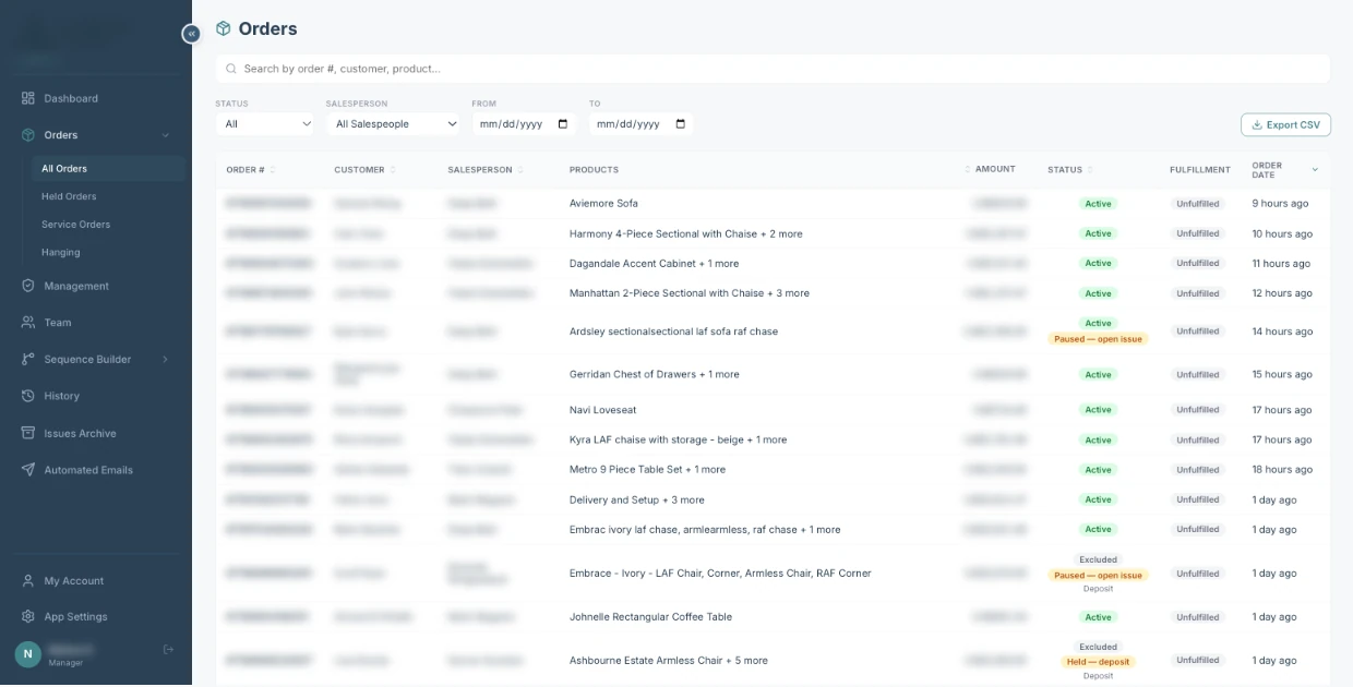 Orders table with status badges, customer and amount columns blurred