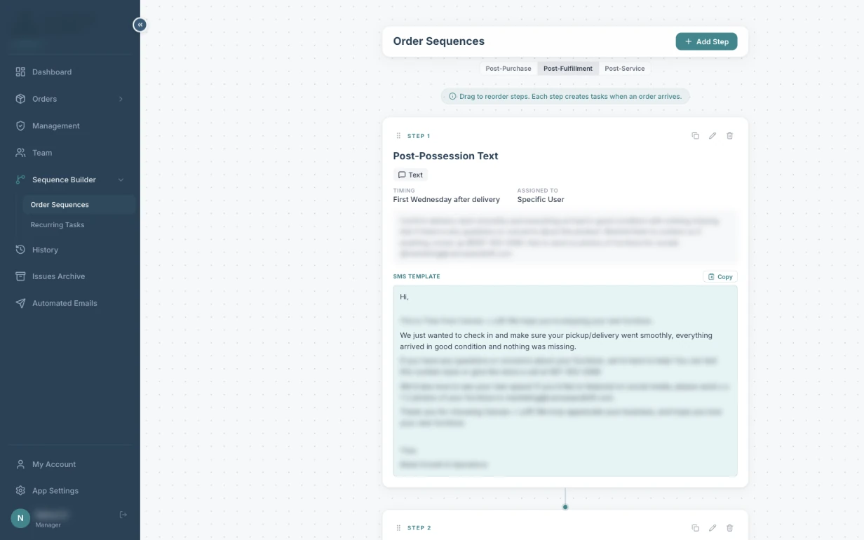 Sequence builder showing a post-possession text step with timing and an SMS template, details blurred