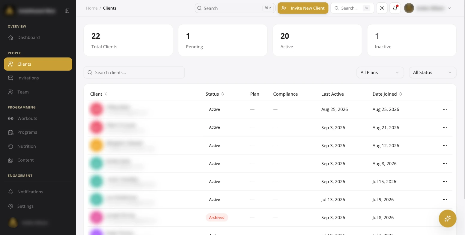 Client list with status, last active and joined columns, names blurred