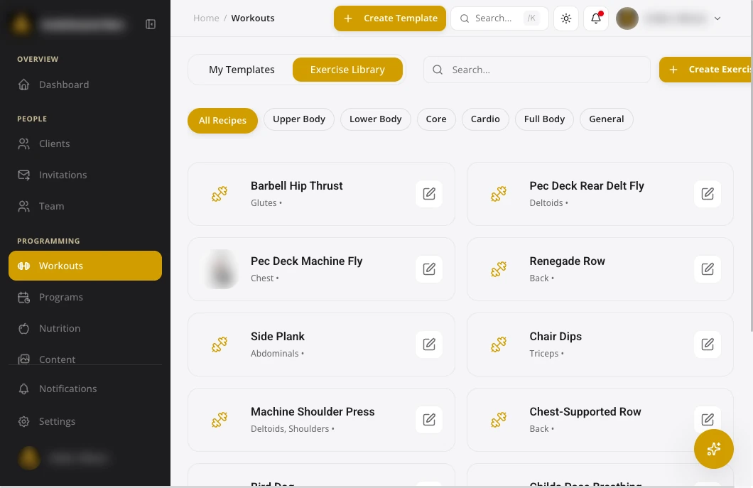 Exercise library with filters for upper body, lower body, core and cardio
