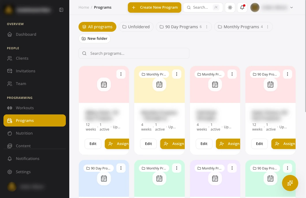 Grid of training programs with edit and assign buttons, names blurred
