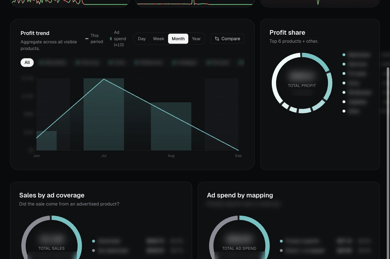 Charts showing profit trend, profit share and ad spend by mapping, amounts blurred