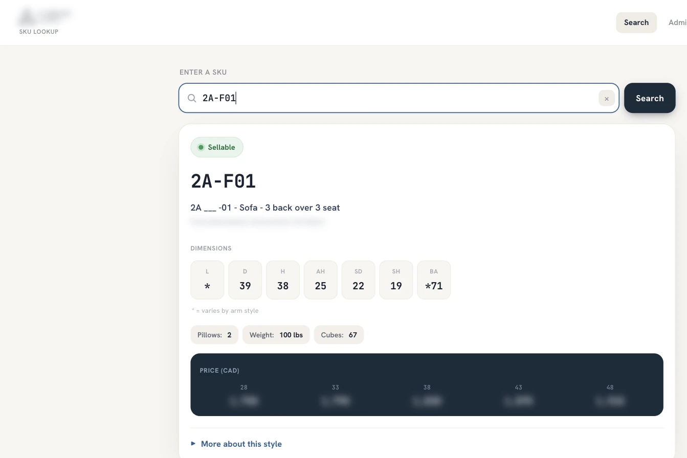 SKU Lookup result card showing dimensions and a price row, prices blurred