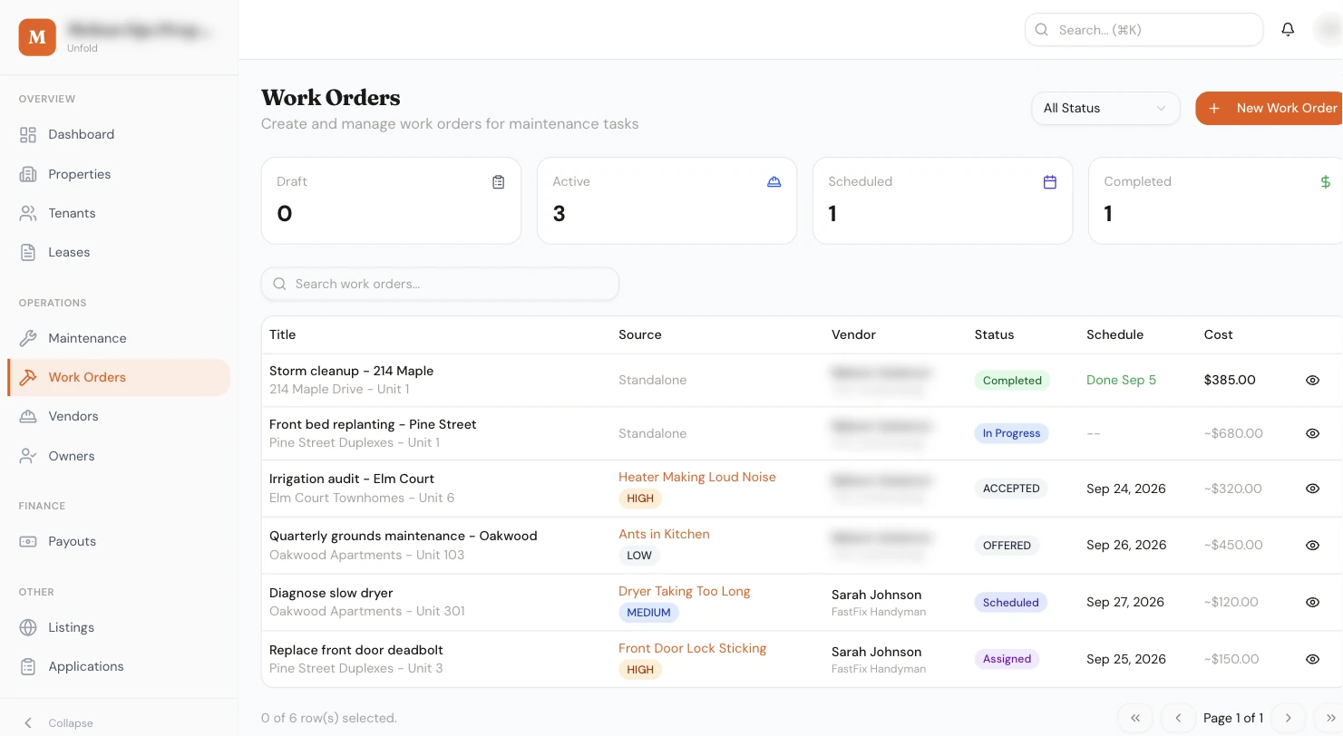 Work orders table with source request, vendor, status, schedule and cost columns